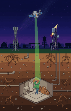 a cutaway: night sky with a satellite, cell towers on the surface, a person in a basement holding up a flip phone